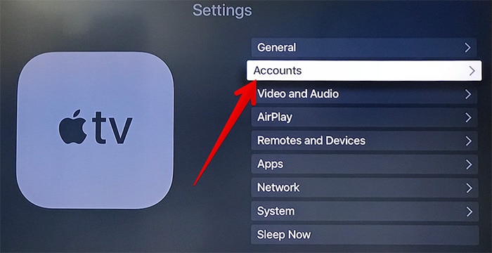 Select Accounts in Apple TV Settings