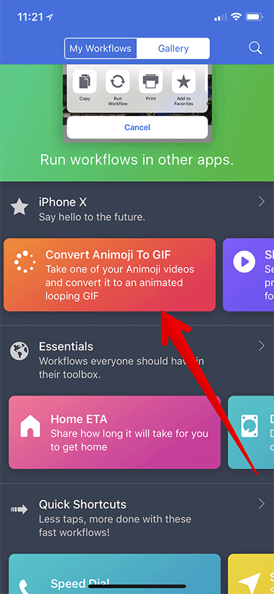 Tap on Convert Animoji to GIF in Workflow App on iPhone