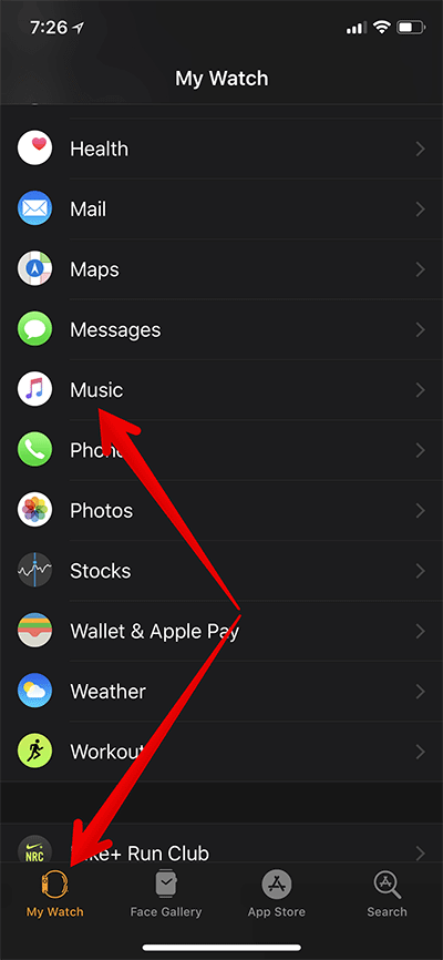 Tap on My Watch then Music in Apple Watch App on iPhone