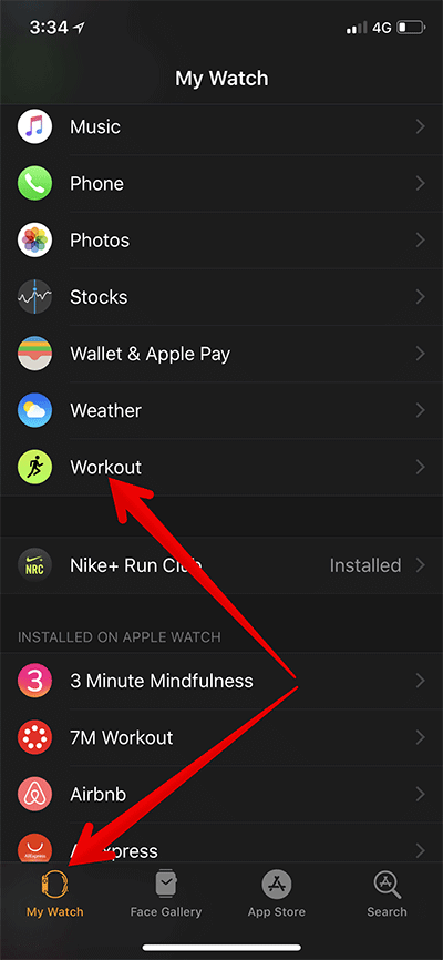 Tap on My Watch then Workout in Apple Watch App on iPhone