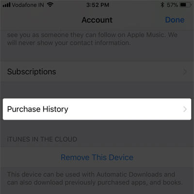 Tap on Purchase History in iOS 11