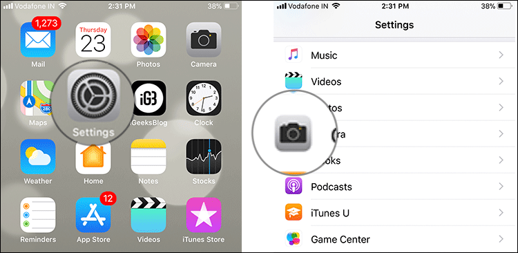 Tap on Settings then Camera on iPhone