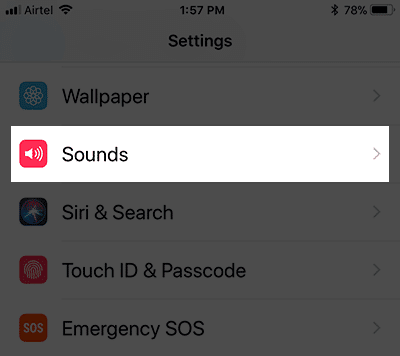 Tap on Sounds in iPhone Settings