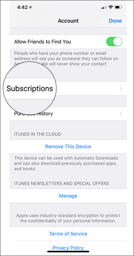 Tap on Subscriptions in iPhone or iPad Settings