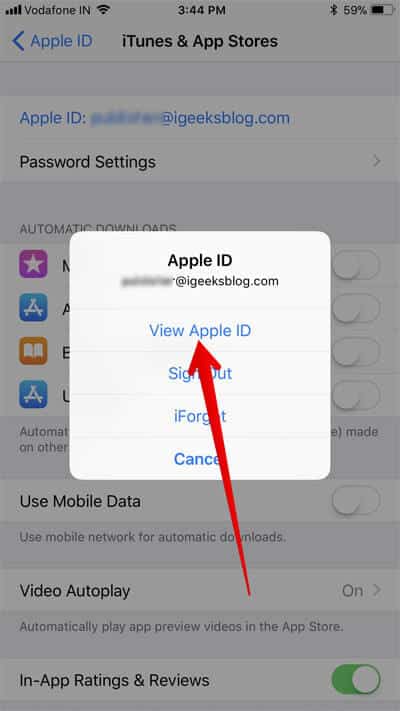 Tap on View Apple ID in iOS 11