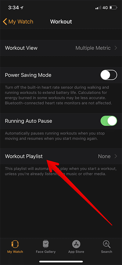 Tap on Workout Playlist in Apple Watch App on iPhone