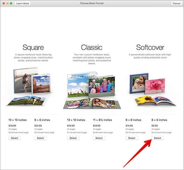 Choose Book Format in Mac Photos App