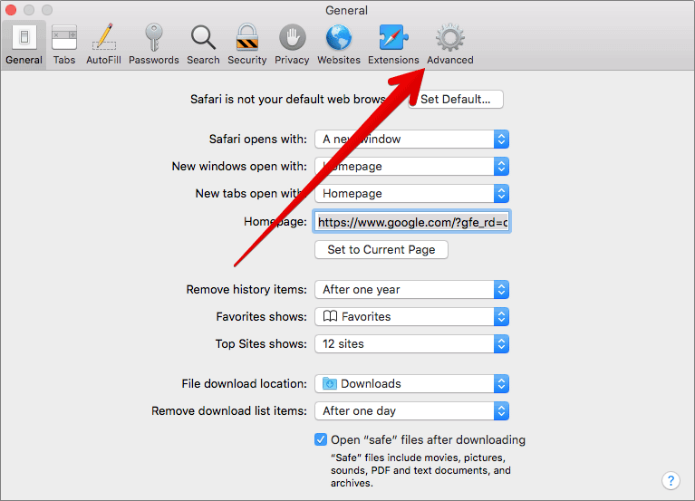 Click on Advanced in Safari Preferences on Mac