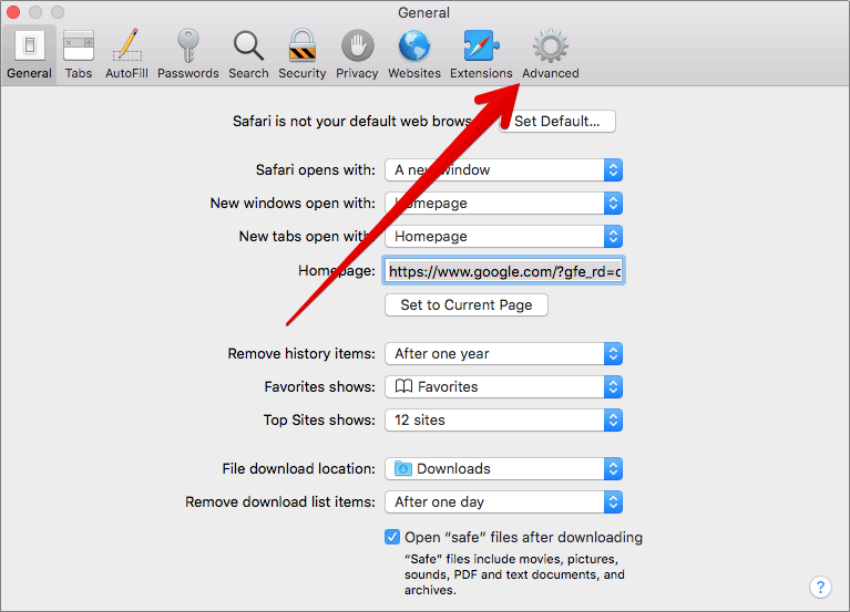 Click on advanced in safari preferences on mac Click on Advanced in Safari Preferences on Mac