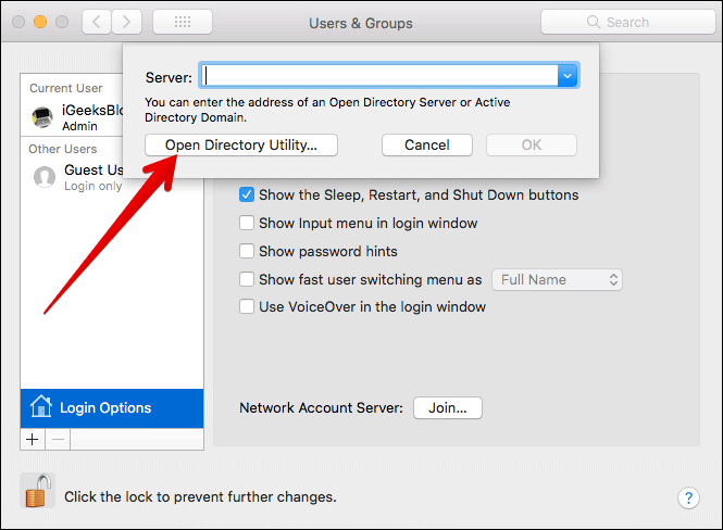 Click on Open Directory Utility on Mac