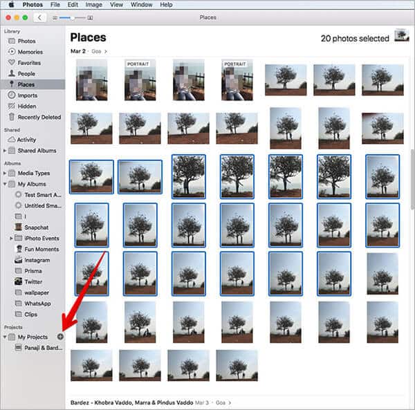 Click on Plus Sign Under Projects in Mac Photos App