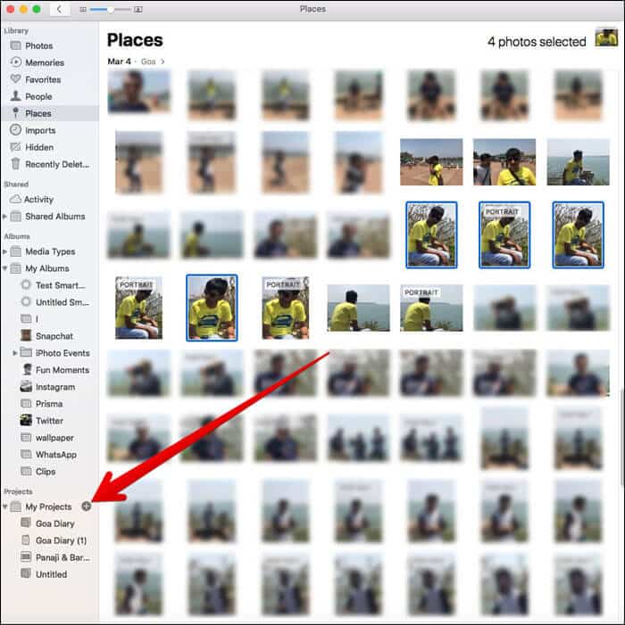 Click on Plus Sign Under Projects in Photos App on Mac