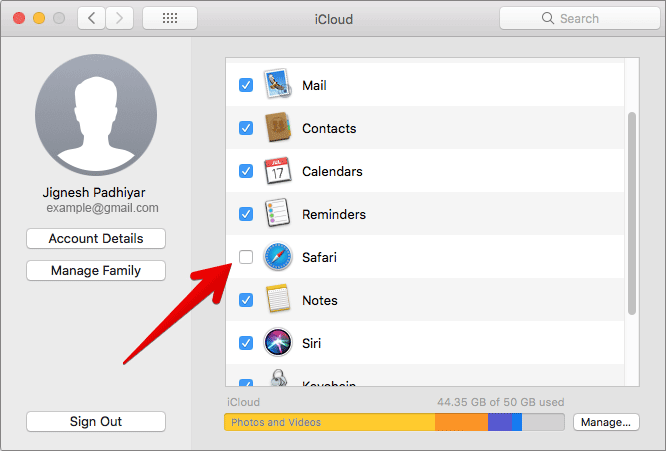 Click on Safari in iCloud Settings on Mac