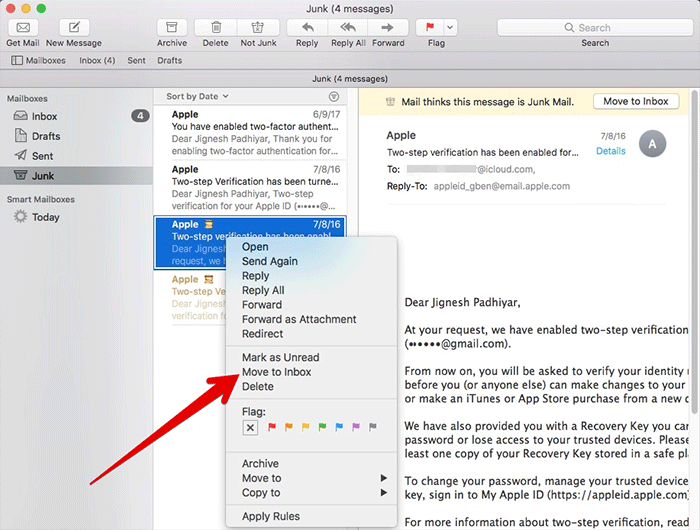 Move Junk Mail to Inbox in Mail App on Mac
