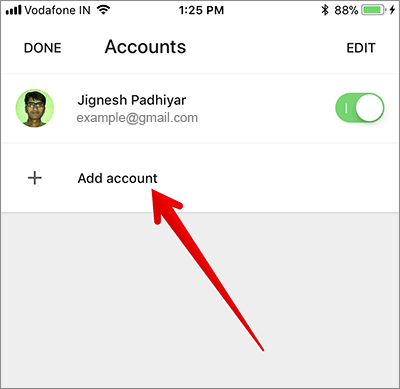 Tap on Add Account in Gmail App on iPhone or iPad