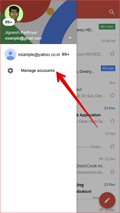 Tap on Manage Account in Gmail on iPhone or iPad