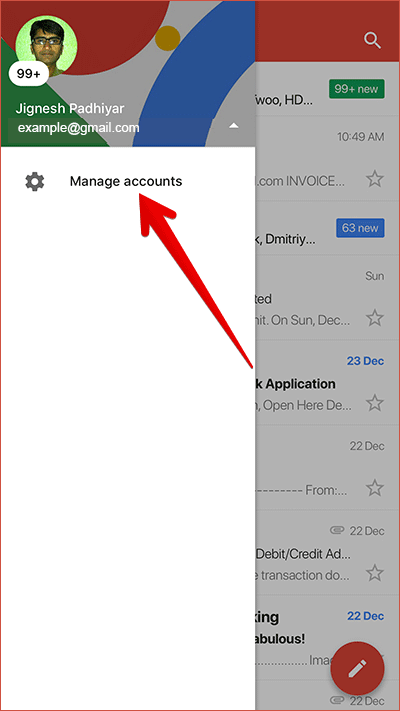 Tap on Manage Accounts in Gmail App on iPhone