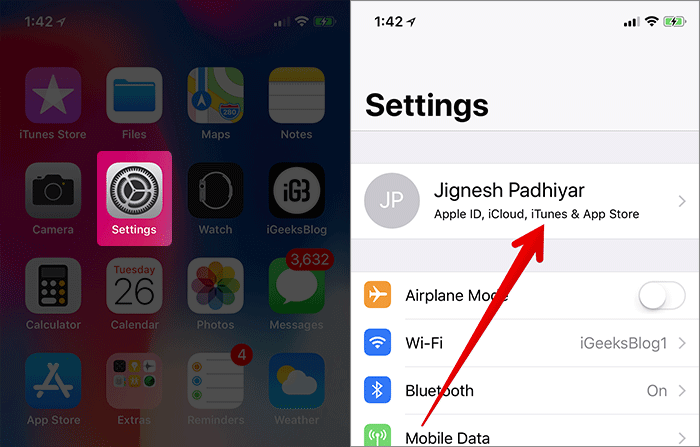 Tap on Settings then Apple ID Banner on iPhone