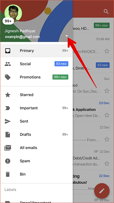 Tap on Tiny Down Arrow in Gmail iOS App