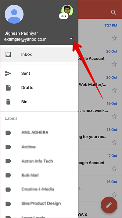 Tap on Tiny Down Arrow to Switch Account in Gmail App on iPhone