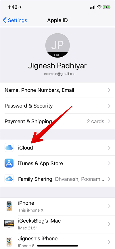 Tap on iCloud in iPhone Settings