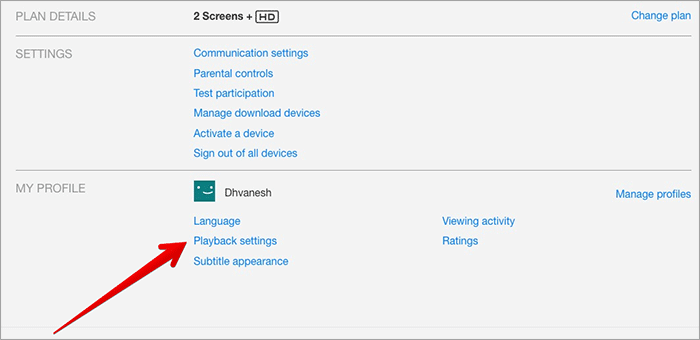 Click on Playback Settings in Netflix on Web