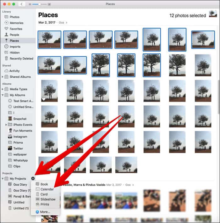 Click on Plus Button and select Calendar on Mac Photos App