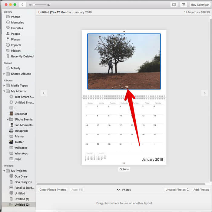 Click on a picture and drag your cursor in Calendar on Mac Photos App