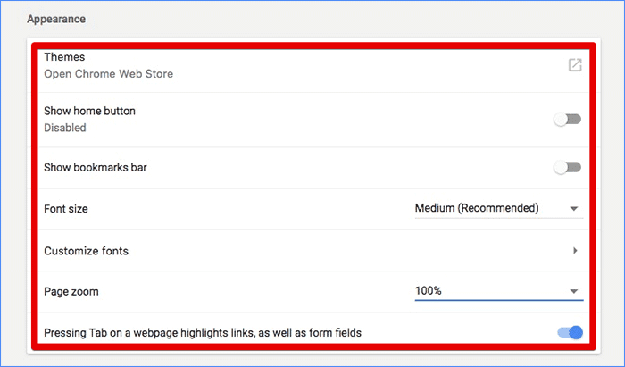 Google Chrome Appearance Options