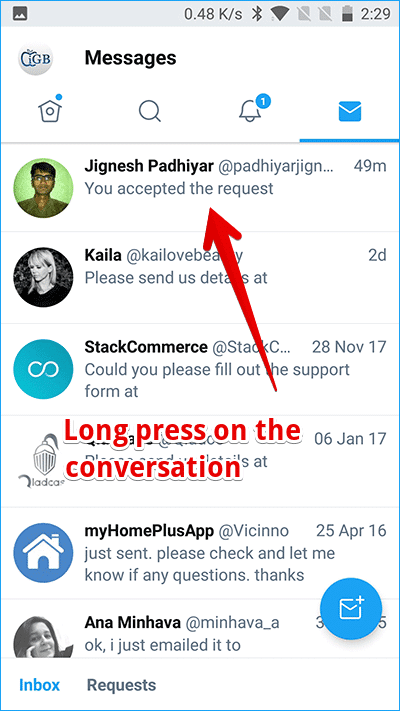 Long press on the Twitter Direct Message Conversation on Android Phone