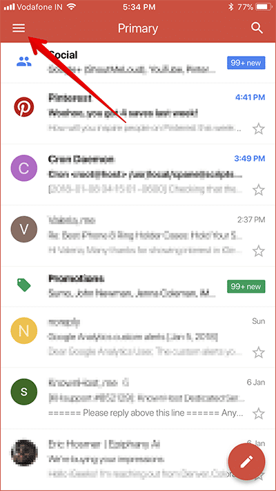 Tap on Menu Button in Gmail App on iPhone