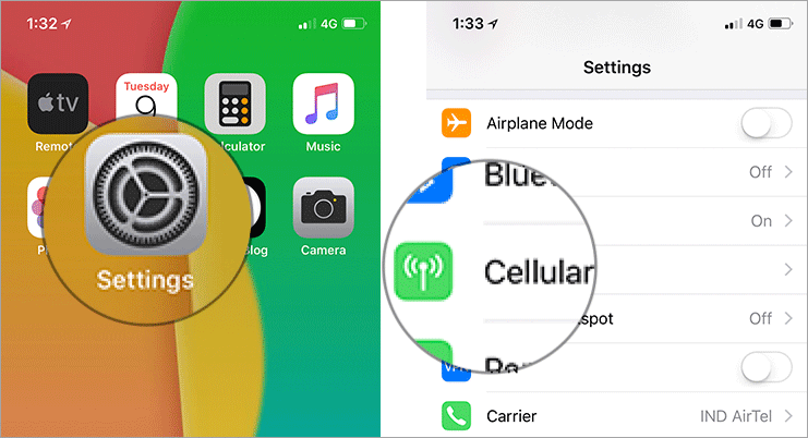 Tap on Settings then Cellular on iPhone