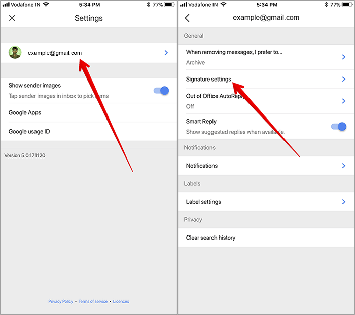 Tap on Signature Settings in Gmail App on iPhone