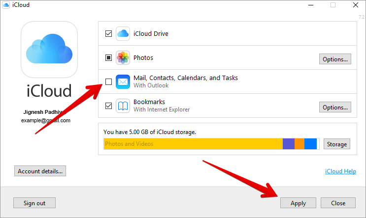 Turn Off-On iCloud Contacts, Calendar and Tasks on Windows PC