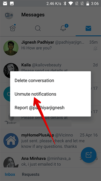 Unmute Direct Message Notifications on Twitter on Android Phone