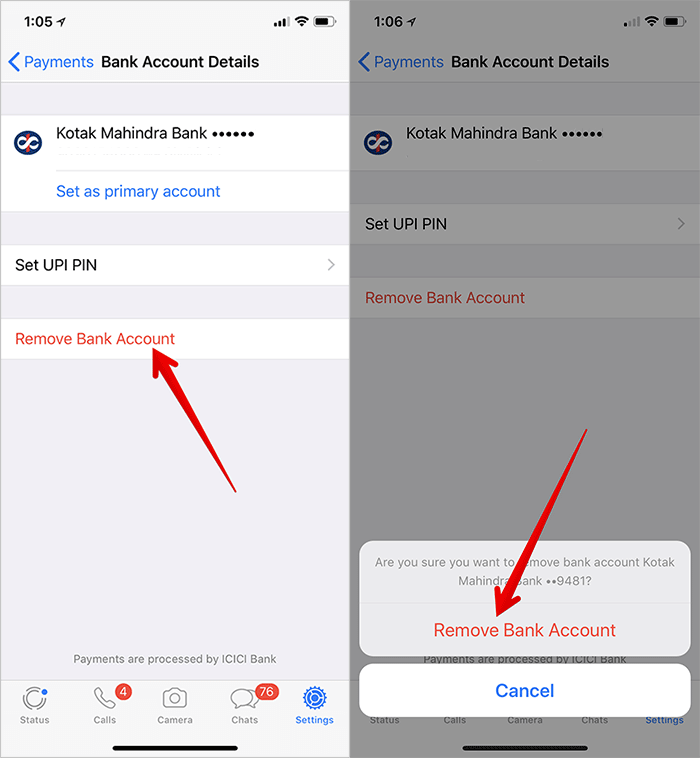 Remove Bank Account from WhatsApp Payment on iPhone