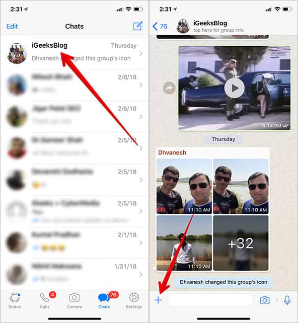 Tap On Group and Tap on Plus Sign in WhatsApp on iPhone