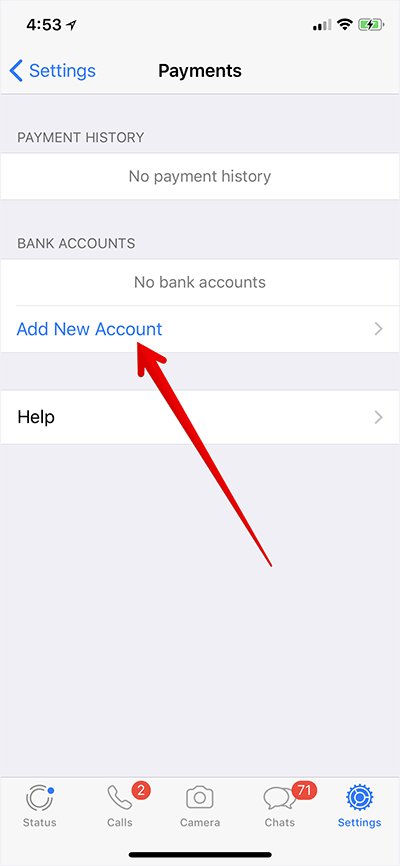 Tap on Add New Account in WhatsApp on iPhone