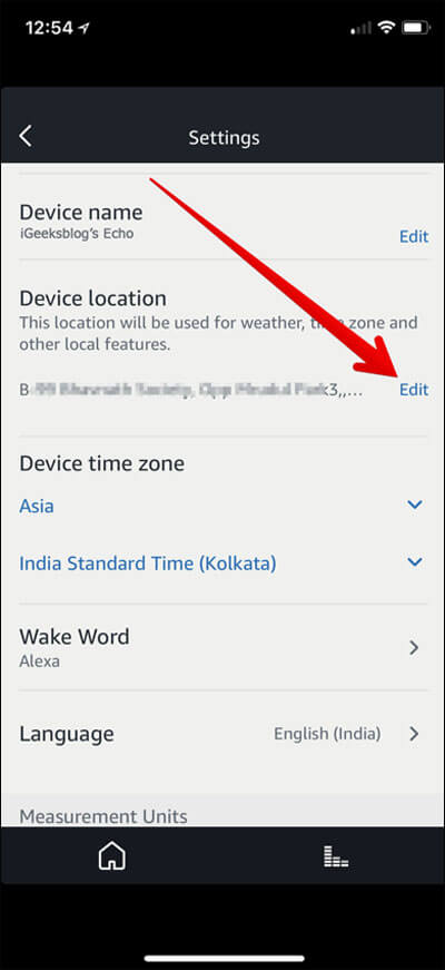 Tap on Device location Edit in Alexa App