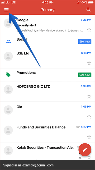 Tap on Menu Button in Gmail App on iPhone or iPad