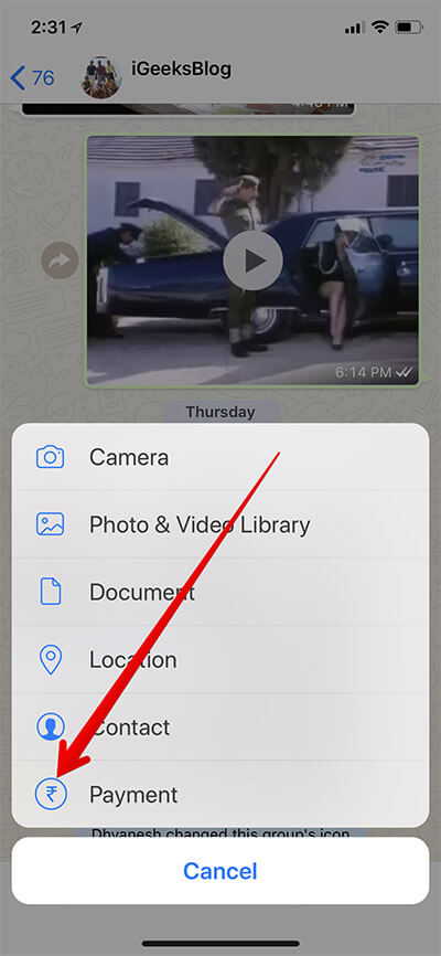 Tap on Payment in WhatsApp Group on iPhone