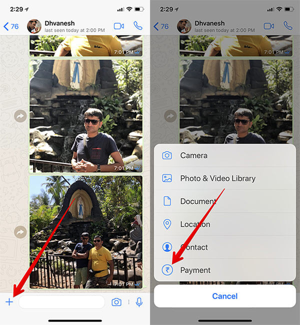Tap on Plus Sign and Then Tap on Payment in WhatsApp on iPhone
