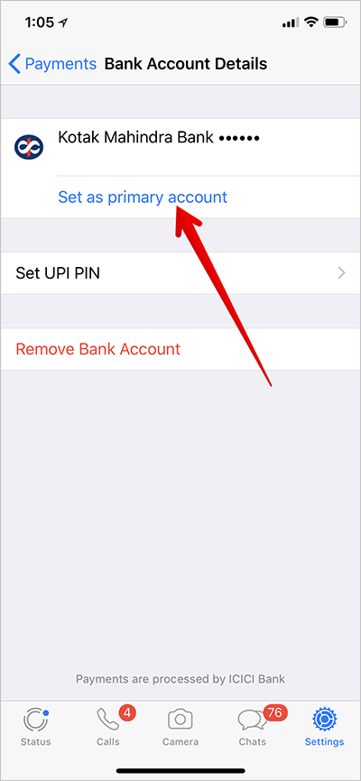 Tap on set primary account in whatsapp payment on iphone