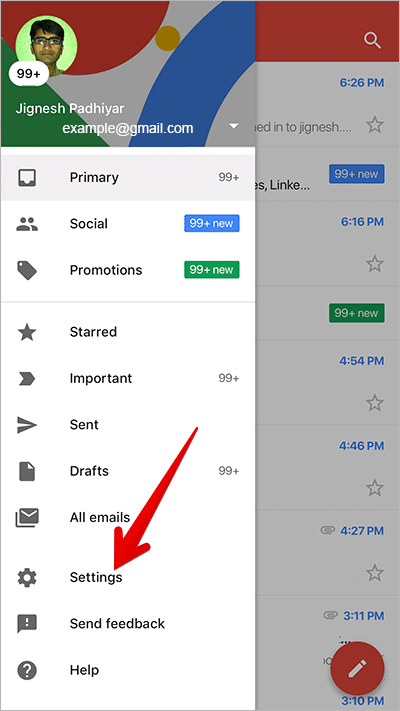 Tap on Settings in Gmail App on iPhone or iPad