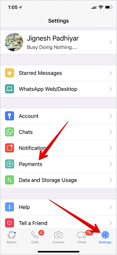 Tap on settings then payments in whatsapp on iphone 1