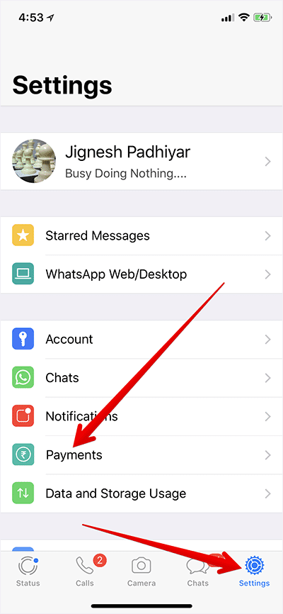 Tap on Settings then Payments in WhatsApp on iPhone