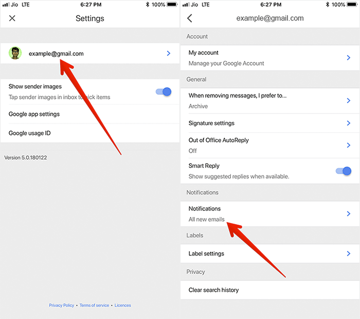 Tap on Your Email Then Tap on Notifications in Gmail on iPhone or iPad
