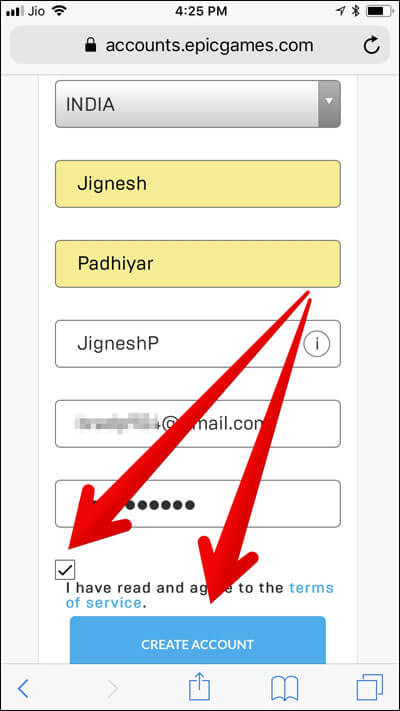 Check the box and tap on create account in EpicGames