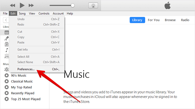 Click Preferences in iTunes on Windows PC