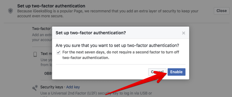 Click on Enable Two-factor Authentication in Facebook on Mac or Windows PC